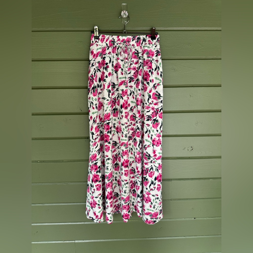 Yincro Floral A-Line Maxi Skirt White Pink Green Elastic Waist Boho SZ Small